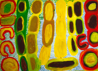 Australian Indigenous (Aboriginal and Torres Strait Islander) artwork by WAKARTU CORY SURPRISE of Mangkaja Artists. The title is Wirrikarjarti. [wp030/96] (Derivan Matisse Acrylic - 280gsm Velin BFK Rives)