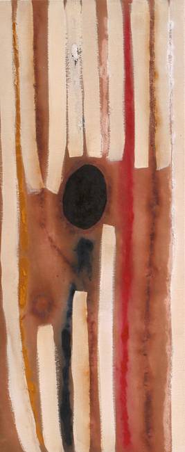 Australian Indigenous (Aboriginal and Torres Strait Islander) artwork by LINDSAY HARRIS of Miscellaneous Artists. The title is Waam #1 (Strangers). [24 - Waam #1 (Strangers)] (Pigment, Resin and Clay on Hemp)