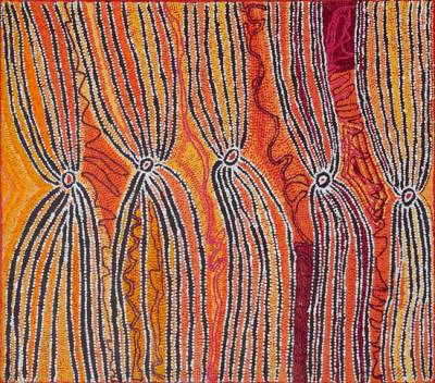 Australian Indigenous (Aboriginal and Torres Strait Islander) artwork by LIDDY NAPANANGKA WALKER of Warlukurlangu Artists (Yuendumu). The title is Wakirlpirri Jukurrpa (Dogwood Tree Dreaming). [1824/08] (Acrylic on Canvas)