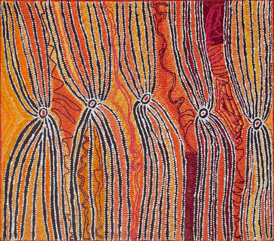 Australian Indigenous (Aboriginal and Torres Strait Islander) artwork by LIDDY NAPANANGKA WALKER of Warlukurlangu Artists (Yuendumu). The title is Wakirlpirri Jukurrpa (Dogwood Tree Dreaming). [1824/08] (Acrylic on Canvas)