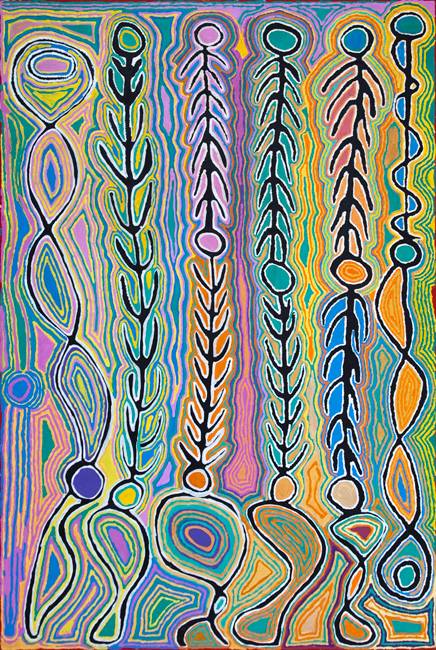 Australian Indigenous (Aboriginal and Torres Strait Islander) artwork by JUDY NAPANGARDI WATSON of Warlukurlangu Artists (Yuendumu). The title is Wanakiji Jukurrpa (Bush Tomato Dreaming). [3038/08] (Acrylic on Canvas)