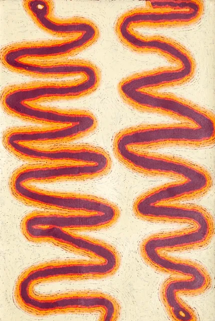 Australian Indigenous (Aboriginal and Torres Strait Islander) artwork by KAWAYI NAMPITJINPA of Papunya Tula Artists. The title is Wanampi. [KN0903083] (Acrylic on Linen)