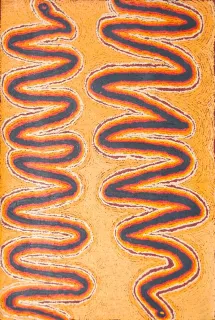 Australian Indigenous (Aboriginal and Torres Strait Islander) artwork by KAWAYI NAMPITJINPA of Papunya Tula Artists. The title is Wanampi. [KN0904045] (Acrylic on Linen)