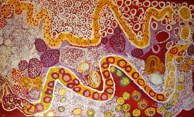Australian Indigenous (Aboriginal and Torres Strait Islander) artwork by TIGER PALPATJA of Tjungu Palya Artists. The title is Wanampi. [10146] (Acrylic on Canvas)