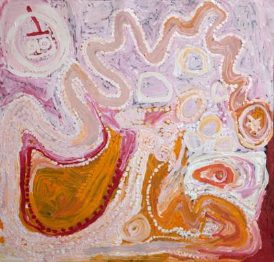 Australian Indigenous (Aboriginal and Torres Strait Islander) artwork by TIGER PALPATJA of Tjungu Palya Artists. The title is Wanampi. [11022] (Acrylic on Canvas)