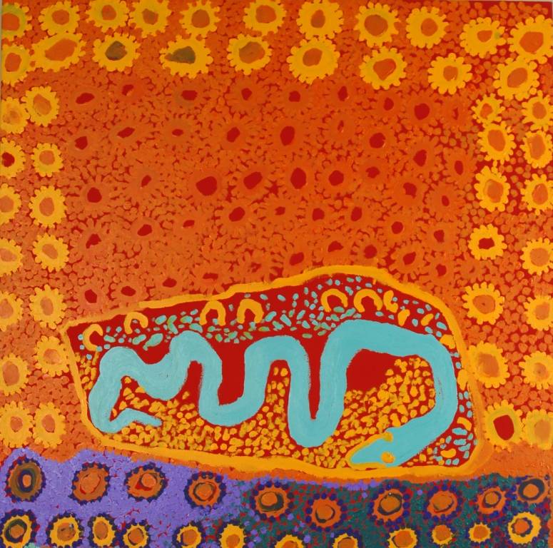 Australian Indigenous (Aboriginal and Torres Strait Islander) artwork by TIGER PALPATJA of Tjungu Palya Artists. The title is Wanampi’s Creation Story. [219-07] (Acrylic on Linen)