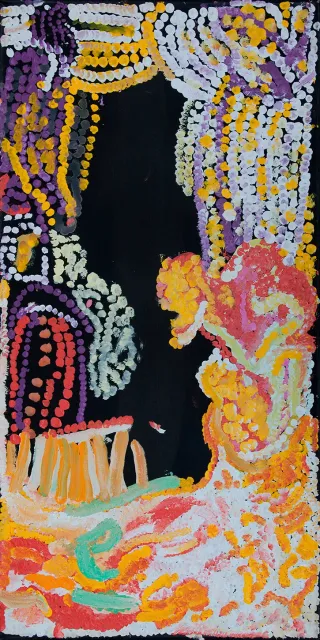 Australian Indigenous (Aboriginal and Torres Strait Islander) artwork by PULPURRU DAVIES of Warakurna Artists. The title is Wanarn Tjilpi. [396-16] (Acrylic on Canvas)