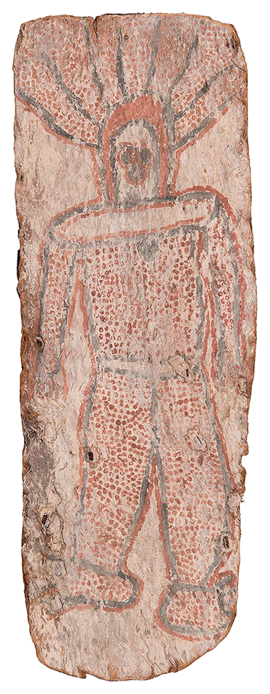 Australian Indigenous (Aboriginal and Torres Strait Islander) artwork by MICKEY BUNGKUNI of Miscellaneous Artists. The title is Wanjina. [MB201510001] (Natural Earth Pigments on Bark)