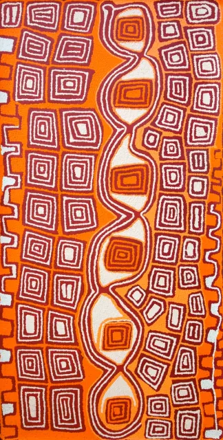 Australian Indigenous (Aboriginal and Torres Strait Islander) artwork by PATRICK TJUNGURRAYI of Papunya Tula Artists. The title is Wanpuratintja. [PT1105089] (Acrylic on Belgian Linen)
