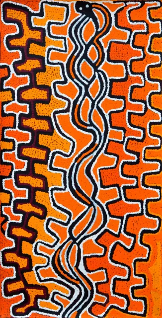 Australian Indigenous (Aboriginal and Torres Strait Islander) artwork by PATRICK TJUNGURRAYI of Papunya Tula Artists. The title is Wanpuratintja. [PT1107174] (Acrylic on Belgian Linen)