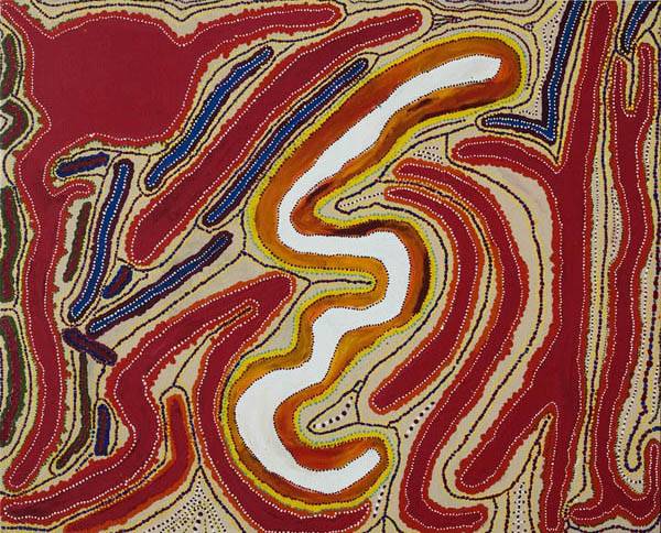Australian Indigenous (Aboriginal and Torres Strait Islander) artwork by PETER ROWLANDS of Martumili Artists. The title is Wantili. [08-858] (Acrylic on Canvas)