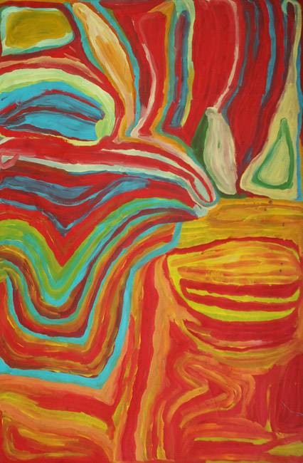 Australian Indigenous (Aboriginal and Torres Strait Islander) artwork by BUGAI WHYLOUTER of Martumili Artists. The title is Wantili and Kartarru. [08-925] (Acrylic on Linen)