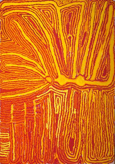 Australian Indigenous (Aboriginal and Torres Strait Islander) artwork by NGAMARU BIDU of Martumili Artists. The title is Wantili Claypan. [08-857] (Acrylic on Canvas)