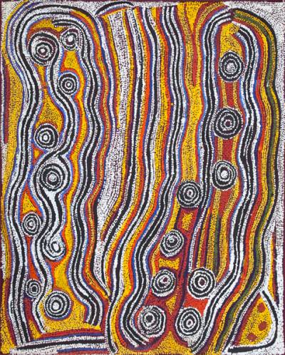 Australian Indigenous (Aboriginal and Torres Strait Islander) artwork by PADDY JAPALJARRI SIMS of Warlukurlangu Artists (Yuendumu). The title is Warlu Jukurrpa (Fire Dreaming). [613/09] (Acrylic on Canvas)