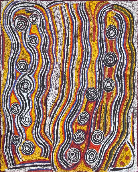 Australian Indigenous (Aboriginal and Torres Strait Islander) artwork by PADDY JAPALJARRI SIMS of Warlukurlangu Artists (Yuendumu). The title is Warlu Jukurrpa (Fire Dreaming). [613/09] (Acrylic on Canvas)
