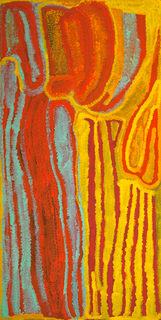 Australian Indigenous (Aboriginal and Torres Strait Islander) artwork by BUGAI WHYLOUTER of Martumili Artists. The title is Warrarn (country). [09-1203] (Acrylic on Linen)