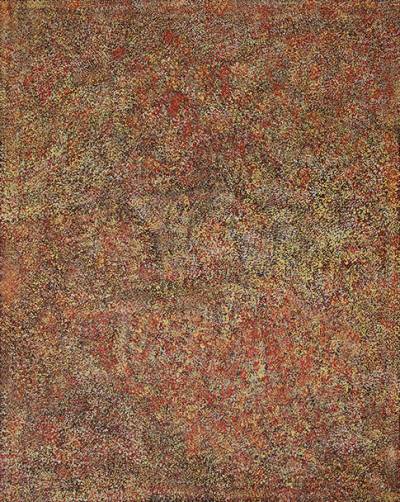 Australian Indigenous (Aboriginal and Torres Strait Islander) artwork by MATJANGKA (NYUKANA) NORRIS of Kaltjiti Artists. The title is Waru Pulka - Big Bush Fire. [KALNNO9944P] (Acrylic on Belgian Linen)