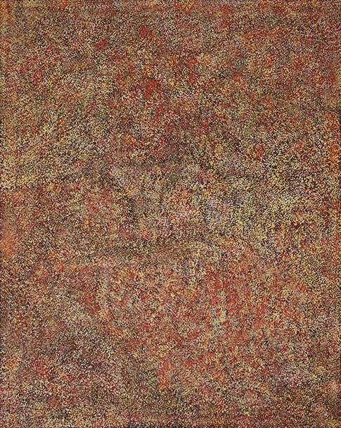 Australian Indigenous (Aboriginal and Torres Strait Islander) artwork by MATJANGKA (NYUKANA) NORRIS of Kaltjiti Artists. The title is Waru Pulka - Big Bush Fire. [KALNNO9944P] (Acrylic on Belgian Linen)