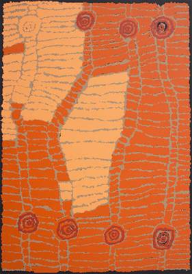 Australian Indigenous (Aboriginal and Torres Strait Islander) artwork by BERYL JIMMY of Tjungu Palya Artists. The title is Watarru. [PB6-39/40] (Silkscreen Print - Edition of 40)