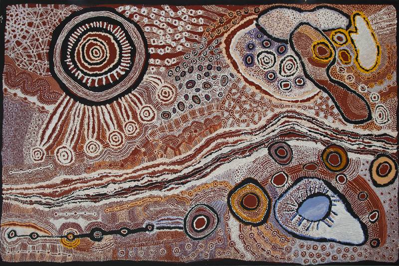 Australian Indigenous (Aboriginal and Torres Strait Islander) artwork by WATARRU (COLLABORATIVE) of Tjungu Palya Artists. The title is Watarru. [18-048] (Synthetic Acrylic Polymer Paint on Linen)