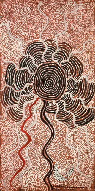 Australian Indigenous (Aboriginal and Torres Strait Islander) artwork by OLD WALTER TJAMPITJINPA of Papunya Tula Artists. The title is Water Dreaming 1972. [Bears Stuart Art Centre Consignment Number 19069A on the Reverse] (Synthetic Polymer Paint on Composition Board)
