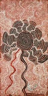 Australian Indigenous (Aboriginal and Torres Strait Islander) artwork by OLD WALTER TJAMPITJINPA of Papunya Tula Artists. The title is Water Dreaming 1972. [Bears Stuart Art Centre Consignment Number 19069A on the Reverse] (Synthetic Polymer Paint on Composition Board)