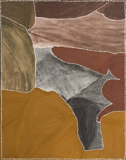 Australian Indigenous (Aboriginal and Torres Strait Islander) artwork by CHURCHILL CANN of Warmun Artists. The title is Waterfall – Texas Country. [WAC 318/07] (Natural Ochre and Pigments on Canvas)