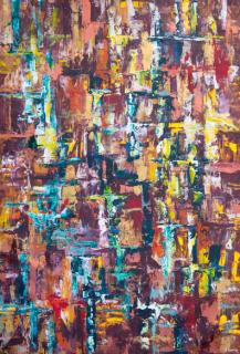 Australian Indigenous (Aboriginal and Torres Strait Islander) artwork by IRENE NAMOK of Lockhart River Artists. The title is Waterfall Thru the Rocks. [in20130504] (Acrylic on Linen)