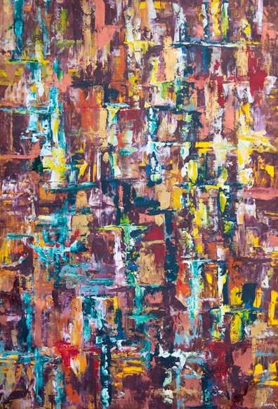 Australian Indigenous (Aboriginal and Torres Strait Islander) artwork by IRENE NAMOK of Lockhart River Artists. The title is Waterfall Thru the Rocks. [in20130504] (Acrylic on Linen)