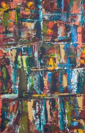 Australian Indigenous (Aboriginal and Torres Strait Islander) artwork by IRENE NAMOK of Lockhart River Artists. The title is Waterfall Up in the Range. [in20130819] (Acrylic on Canvas)