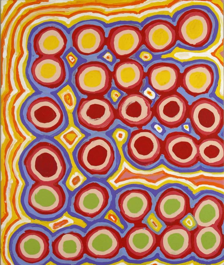 Australian Indigenous (Aboriginal and Torres Strait Islander) artwork by LINDA NAPURULLA NGITJANKA of Ikuntji Artists. The title is Waterholes at Alkipi. [IK06LN238] (Acrylic on Linen)