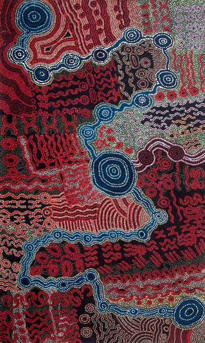 Australian Indigenous (Aboriginal and Torres Strait Islander) artwork by DAVID MILLER of Tjungu Palya Artists. The title is Wati Kanayla. [12407] (Acrylic on Linen)