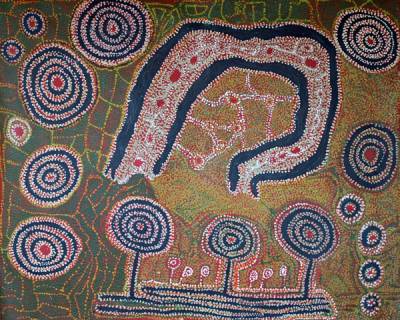 Australian Indigenous (Aboriginal and Torres Strait Islander) artwork by IYAWI WIKILYIRI of Tjungu Palya Artists. The title is Wati Kutjara. [12187] (Acrylic on Linen)