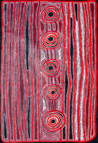 Australian Indigenous (Aboriginal and Torres Strait Islander) artwork by IAN RICTOR of Spinifex Artists. The title is Wati Kutjara Serpent Men Country. [18-152] (Acrylic on Linen)