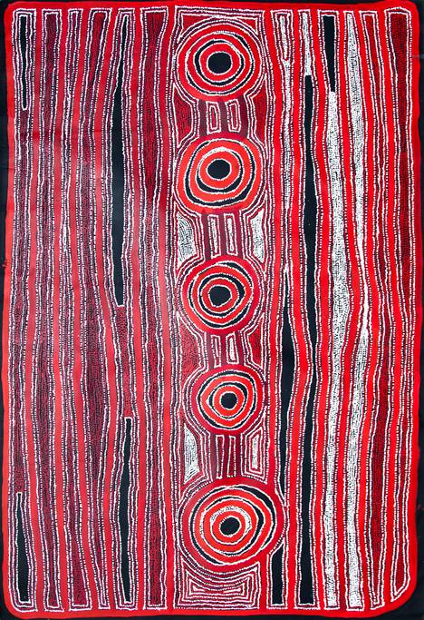 Australian Indigenous (Aboriginal and Torres Strait Islander) artwork by IAN RICTOR of Spinifex Artists. The title is Wati Kutjara Serpent Men Country. [18-152] (Acrylic on Linen)