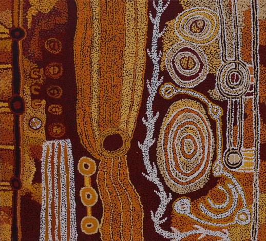 Australian Indigenous (Aboriginal and Torres Strait Islander) artwork by RINI TIGER of Tjungu Palya Artists. The title is Wati Ngintaka. [08318] (Acrylic on Canvas)