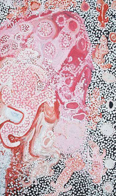 Australian Indigenous (Aboriginal and Torres Strait Islander) artwork by TIGER PALPATJA of Tjungu Palya Artists. The title is Wati Ngintaka. [08431] (Acrylic on Canvas)