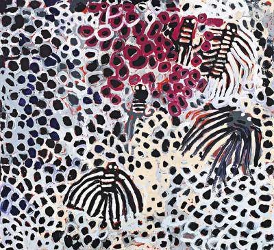 Australian Indigenous (Aboriginal and Torres Strait Islander) artwork by HARRY TJUTJUNA of Ninuku Arts. The title is Wati Nyiru munu Wati Wangka. [11355] (Acrylic on Linen)