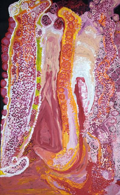 Australian Indigenous (Aboriginal and Torres Strait Islander) artwork by TIGER PALPATJA of Tjungu Palya Artists. The title is Wati Wanampi. [10320] (Acrylic on Canvas)