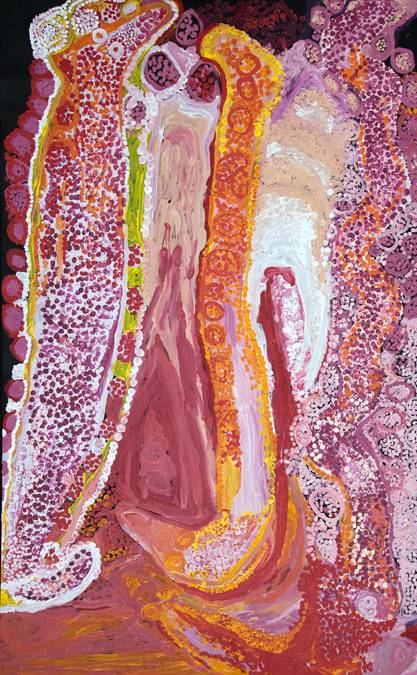 Australian Indigenous (Aboriginal and Torres Strait Islander) artwork by TIGER PALPATJA of Tjungu Palya Artists. The title is Wati Wanampi. [10320] (Acrylic on Canvas)