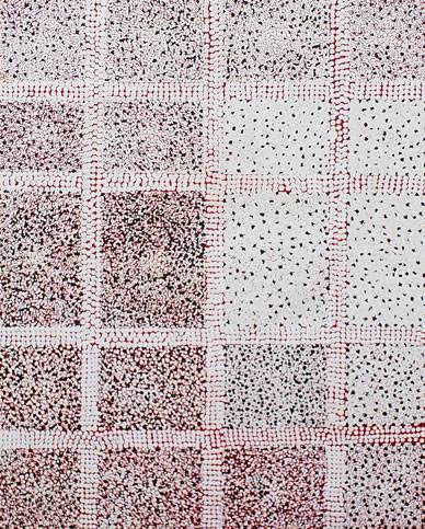 Australian Indigenous (Aboriginal and Torres Strait Islander) artwork by GERALDINE NANGALA GALLAGHER of Warlukurlangu Artists (Yuendumu). The title is Watiya-warnu Jukurrpa (Seed Dreaming). [534/13ny] (Acrylic on Belgian Linen)