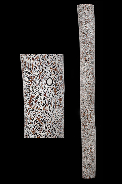 Australian Indigenous (Aboriginal and Torres Strait Islander) artwork by WUKUN WANAMBI of Buku-Larrnggay Mulka (Yirrkala). The title is Wawurritjpal. [3433W] (Earth Pigment on Hollowed Trunk)