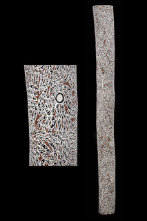 Australian Indigenous (Aboriginal and Torres Strait Islander) artwork by WUKUN WANAMBI of Buku-Larrnggay Mulka (Yirrkala). The title is Wawurritjpal. [3433W] (Earth Pigment on Hollowed Trunk)