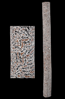 Australian Indigenous (Aboriginal and Torres Strait Islander) artwork by WUKUN WANAMBI of Buku-Larrnggay Mulka (Yirrkala). The title is Wawurritjpal. [3444U] (Earth Pigment on Hollowed Trunk)