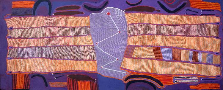 Australian Indigenous (Aboriginal and Torres Strait Islander) artwork by RAY KEN of Tjala Artists. The title is Weapons for the Soldier. [560-11] (Acrylic on Linen)