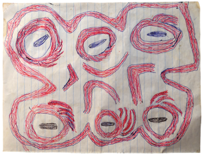 Australian Indigenous (Aboriginal and Torres Strait Islander) artwork by FATE SAVARI (ISAWDI) of Omie Artists. The title is Webo ove ohu’o vene vitwé Dahore Obo - Story of the paws of the cuscus and Mina and Suja’s first fire on Mount Obo. [12-202] (Ink on Schoolbook Paper)