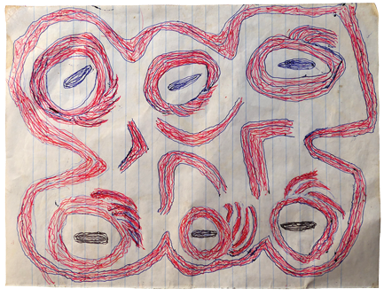 Australian Indigenous (Aboriginal and Torres Strait Islander) artwork by FATE SAVARI (ISAWDI) of Omie Artists. The title is Webo ove ohu’o vene vitwé Dahore Obo - Story of the paws of the cuscus and Mina and Suja’s first fire on Mount Obo. [12-202] (Ink on Schoolbook Paper)