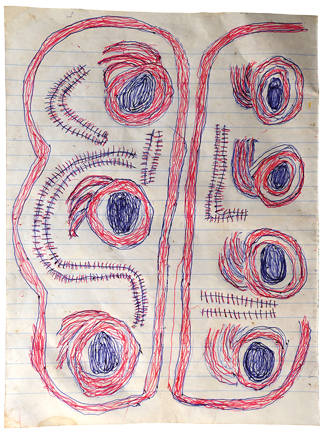 Australian Indigenous (Aboriginal and Torres Strait Islander) artwork by FATE SAVARI (ISAWDI) of Omie Artists. The title is Webo ove ohu’o vene vitwé Dahore Obo - Story of the paws of the cuscus and Mina and Suja’s first fire on Mount Obo. [12-203] (Ink on Schoolbook Paper)