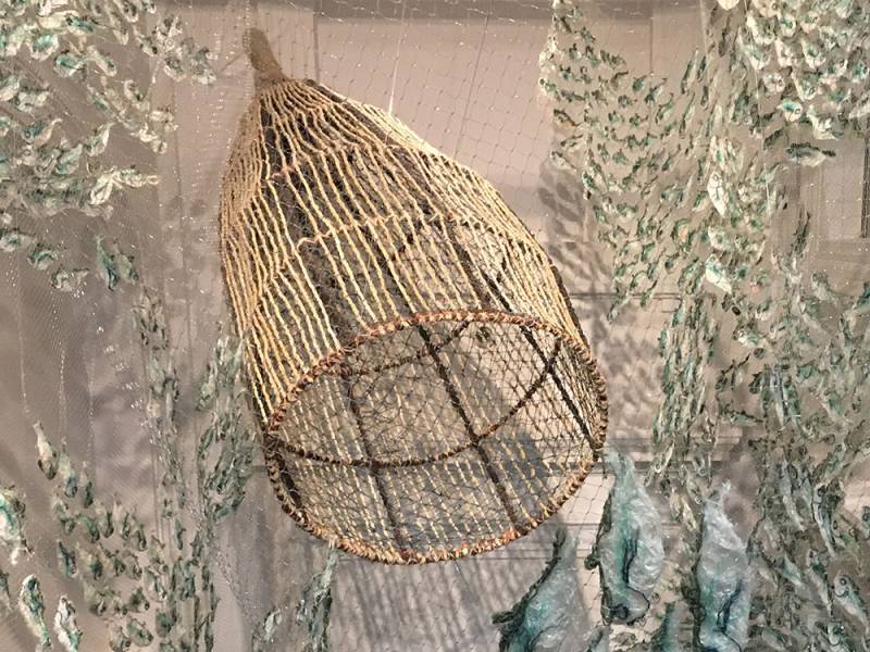 Australian Indigenous (Aboriginal and Torres Strait Islander) artwork by VARIOUS ERUB ERWER META ARTISTS (COLLABORATIVE) of Erub Erwer Meta. The title is Weres. [14-14] (Ghost Nets, Rope & Twine over Steel Frame)