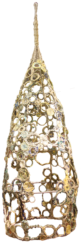 Australian Indigenous (Aboriginal and Torres Strait Islander) artwork by VARIOUS ERUB ERWER META ARTISTS (COLLABORATIVE) of Erub Erwer Meta. The title is Weres II. [16-184] (Ghost Nets, Rope & Twine over Steel Frame)